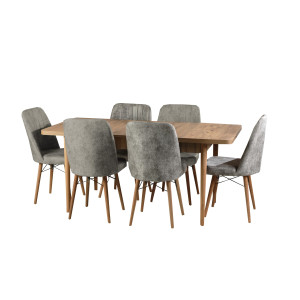 მაგიდა 6 სკამით კომპლექტი ნაცრისფერი სკამებით