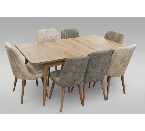 მაგიდა 6 სკამით კომპლექტი ნაცრისფერი სკამებით