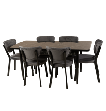 მაგიდა 6 სკამით კომპლექტი მუქი ნაცრისფერი სკამებით