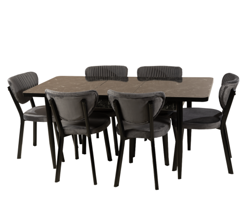 მაგიდა 6 სკამით კომპლექტი მუქი ნაცრისფერი სკამებით