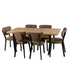 მაგიდა 6 სკამით კომპლექტი ყავისფერი სკამებით