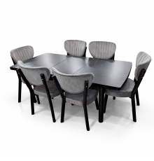 შავი მაგიდა მაგიდა 6 სკამით კომპლექტი მუქი ნაცრისფერი სკამებით