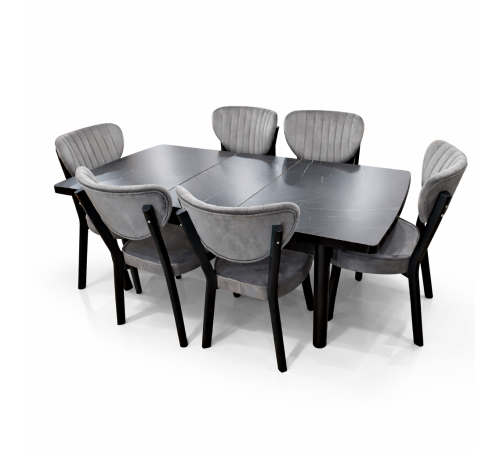 შავი მაგიდა მაგიდა 6 სკამით კომპლექტი მუქი ნაცრისფერი სკამებით