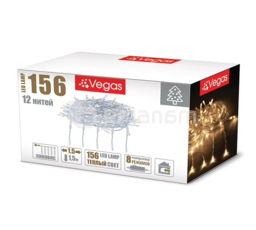 საახალწლო განათება VEGAS "ფარდა" 8 რეჟიმი 1.5х1.5 მ 156 თბილი განათების LED ნათურა
