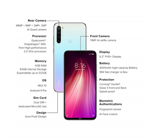 მობილური ტელეფონი XIAOMI Redmi Note 8 (Global version) 4GB/64GB WHITE