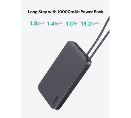 პორტატული დამტენი Aukey PB-Y53 15W 10000mAh Spark Sling Lite Slim Power Bank with Buit-in USB-C Cable Gray