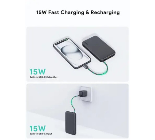 პორტატული დამტენი Aukey PB-Y53 15W 10000mAh Spark Sling Lite Slim Power Bank with Buit-in USB-C Cable Gray