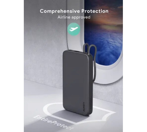 პორტატული დამტენი Aukey PB-Y53 15W 10000mAh Spark Sling Lite Slim Power Bank with Buit-in USB-C Cable Gray
