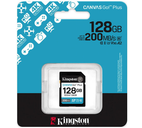ფლეშ მეხსიერება Kingston Canvas Go Plus 128GB SD Card | Up to 200MB/s | Class 10, UHS-I, U3, V30 | SDG4/128GB