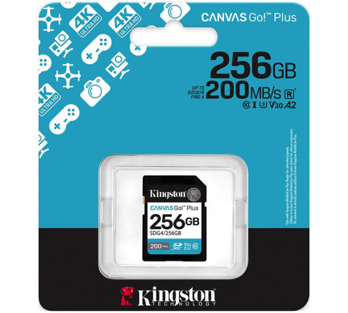 ფლეშ მეხსიერებაფლეშ მეხსიერება Kingston Canvas Go Plus 256GB SD Card | Up to 200MB/s | Class 10, UHS-I, U3, V30 | SDG4/256GB